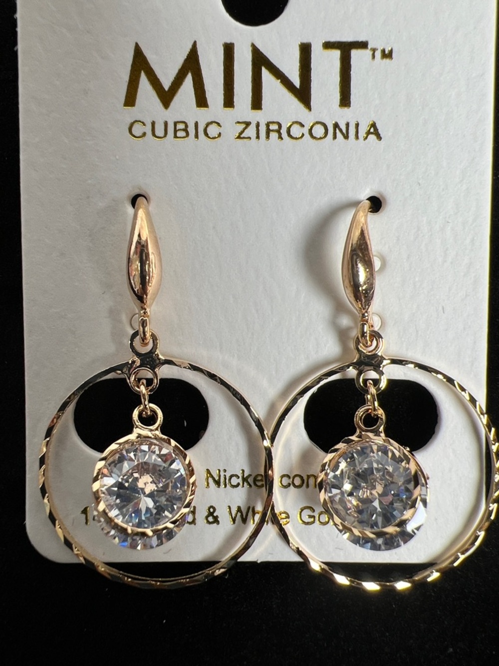 Mint Gold Hoop Earrings with Clear Crystal Drops